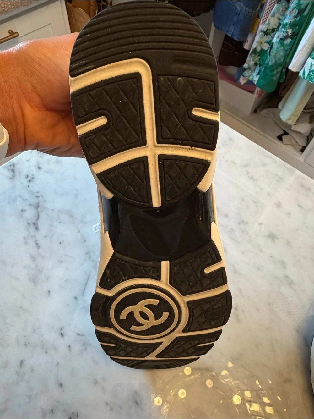 CHANEL Women’s White and Navy CC Logo Sneakers- size 42